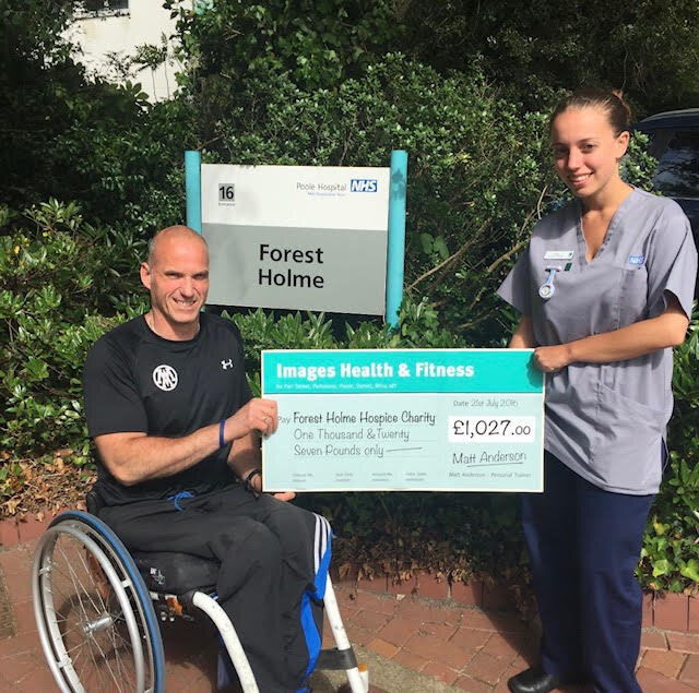 Matt Anderson presenting a £1,027 charity cheque from Images Health & Fitness to Forest Holme Hospice