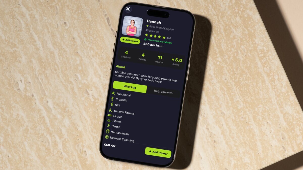 A Gymbile trainer profile with bio and pricing