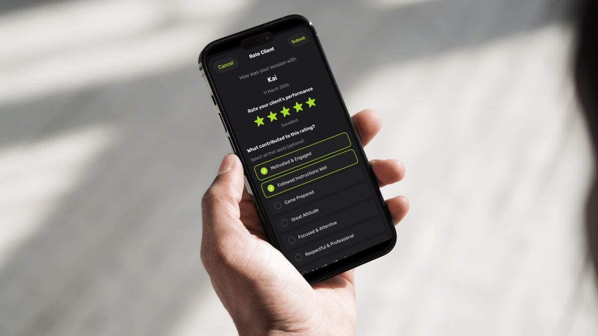 Trainer rating client performance with star ratings and feedback attributes on Gymbile app